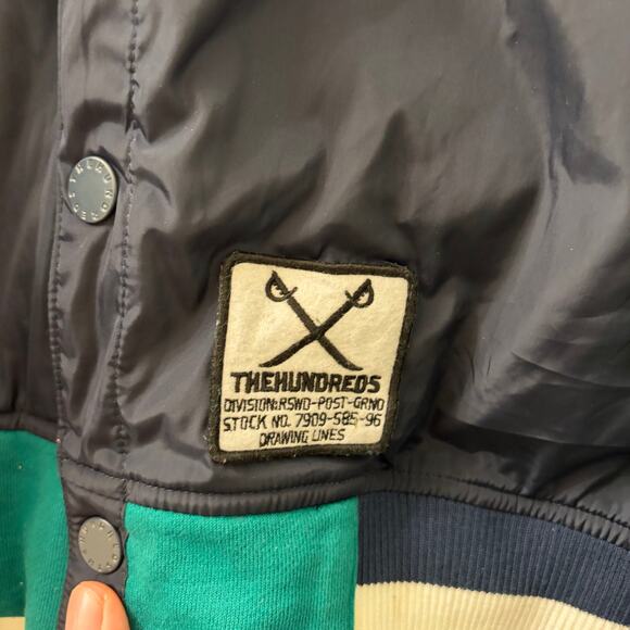 Flawed The Hundreds "Drawing Lines" Varsity Jacket XL Navy Green Adam Bomb Y2K - Picture 5 of 9